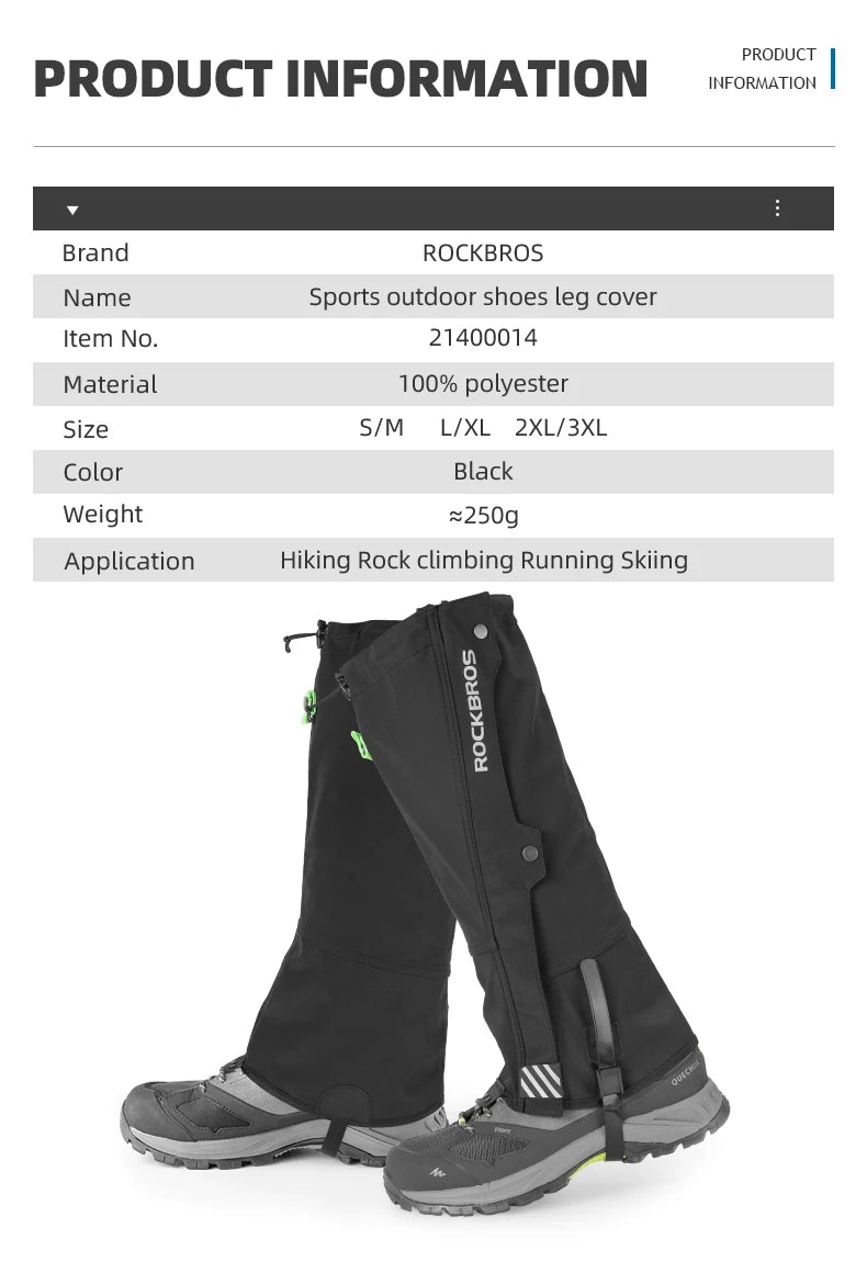 ROCKBROS Waterproof Outdoor Hiking Walking Climbing Hunting Snow Legging Gaiters Ski Gaiters Covers Leg Protection Guard
