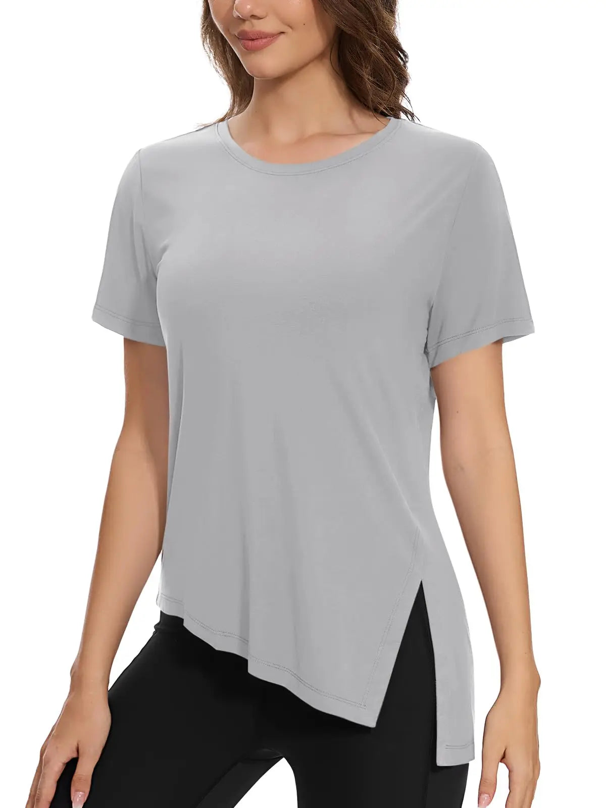 TACVASEN Womens Yoga T-shirt Quick Dry Casual Crewneck Workout Shirts Breathable Gym Athletic Tee Top Side Slit Slanted Hemline