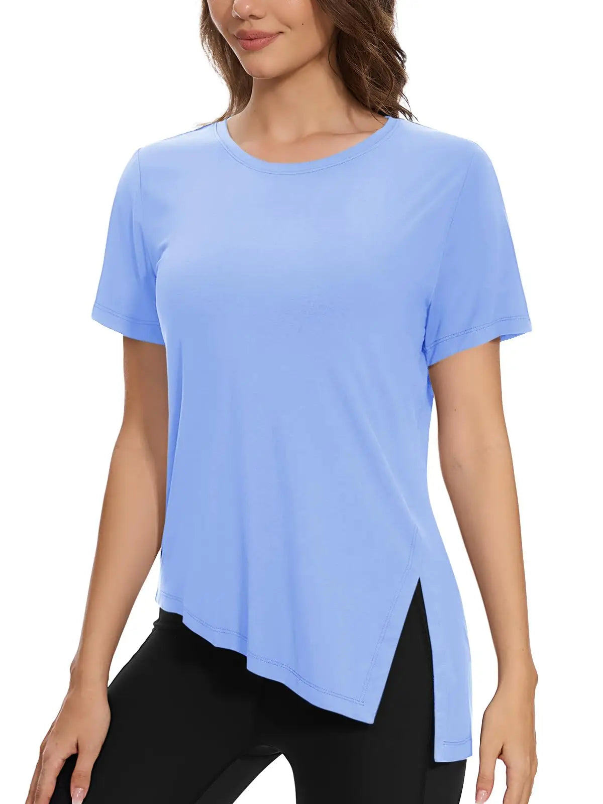 TACVASEN Womens Yoga T-shirt Quick Dry Casual Crewneck Workout Shirts Breathable Gym Athletic Tee Top Side Slit Slanted Hemline