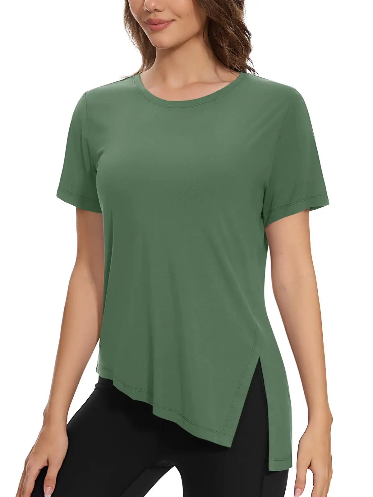 TACVASEN Womens Yoga T-shirt Quick Dry Casual Crewneck Workout Shirts Breathable Gym Athletic Tee Top Side Slit Slanted Hemline