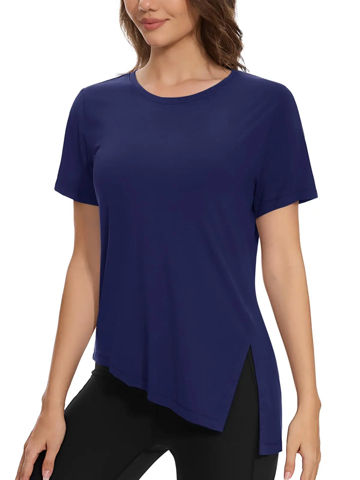 TACVASEN Womens Yoga T-shirt Quick Dry Casual Crewneck Workout Shirts Breathable Gym Athletic Tee Top Side Slit Slanted Hemline