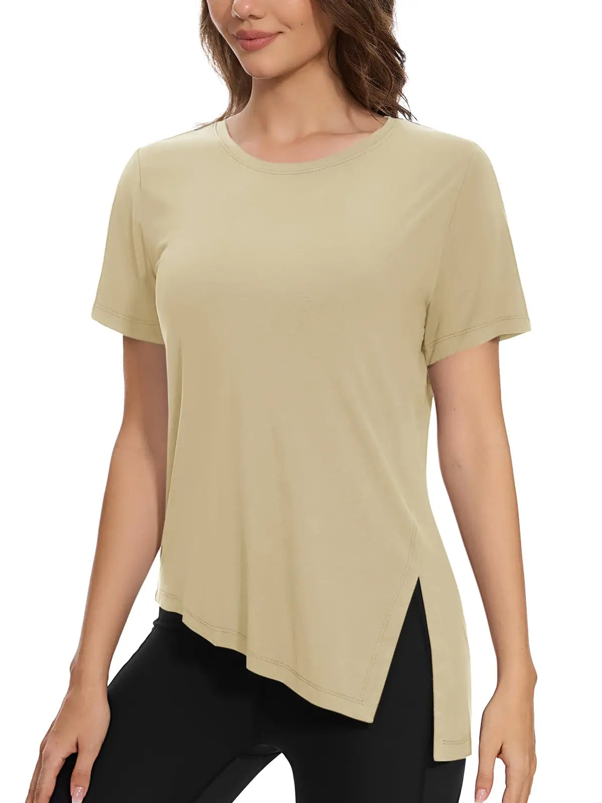 TACVASEN Womens Yoga T-shirt Quick Dry Casual Crewneck Workout Shirts Breathable Gym Athletic Tee Top Side Slit Slanted Hemline