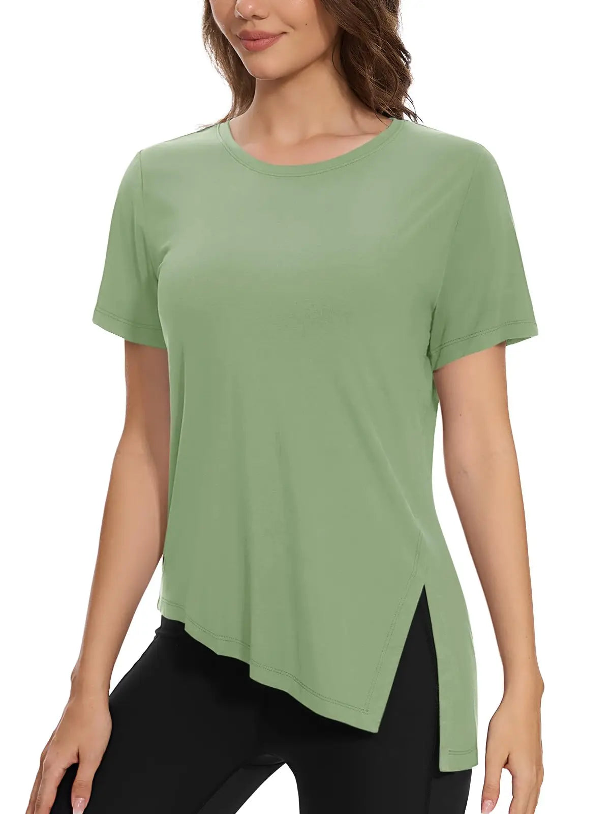 TACVASEN Womens Yoga T-shirt Quick Dry Casual Crewneck Workout Shirts Breathable Gym Athletic Tee Top Side Slit Slanted Hemline