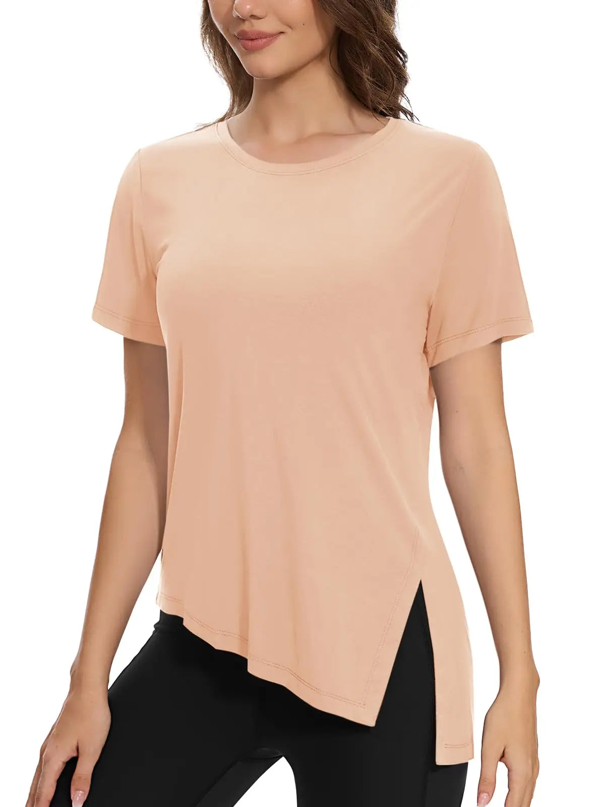 TACVASEN Womens Yoga T-shirt Quick Dry Casual Crewneck Workout Shirts Breathable Gym Athletic Tee Top Side Slit Slanted Hemline