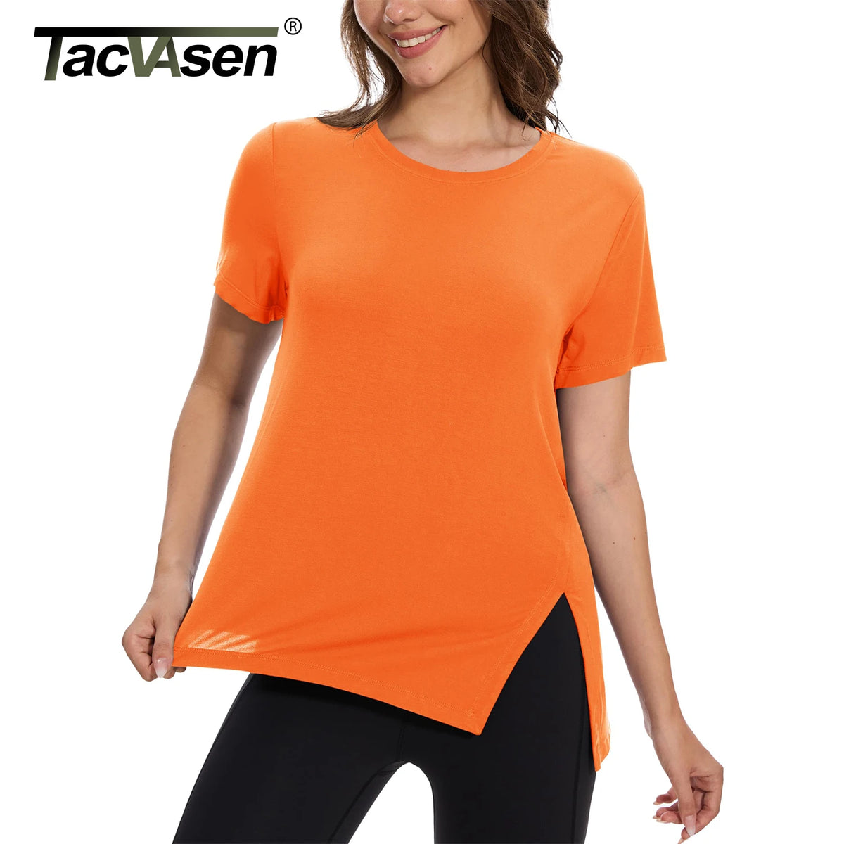 TACVASEN Womens Yoga T-shirt Quick Dry Casual Crewneck Workout Shirts Breathable Gym Athletic Tee Top Side Slit Slanted Hemline