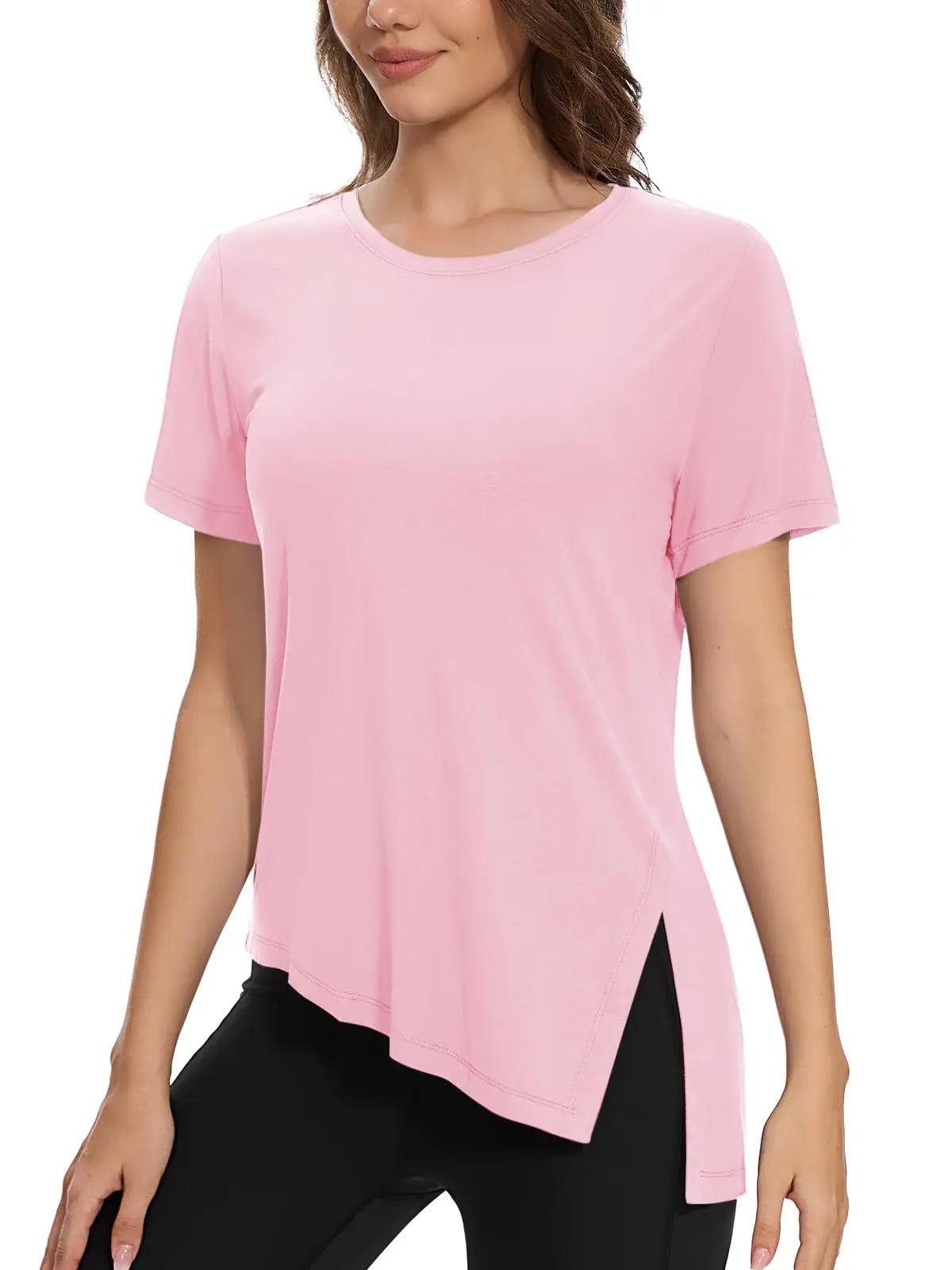TACVASEN Womens Yoga T-shirt Quick Dry Casual Crewneck Workout Shirts Breathable Gym Athletic Tee Top Side Slit Slanted Hemline
