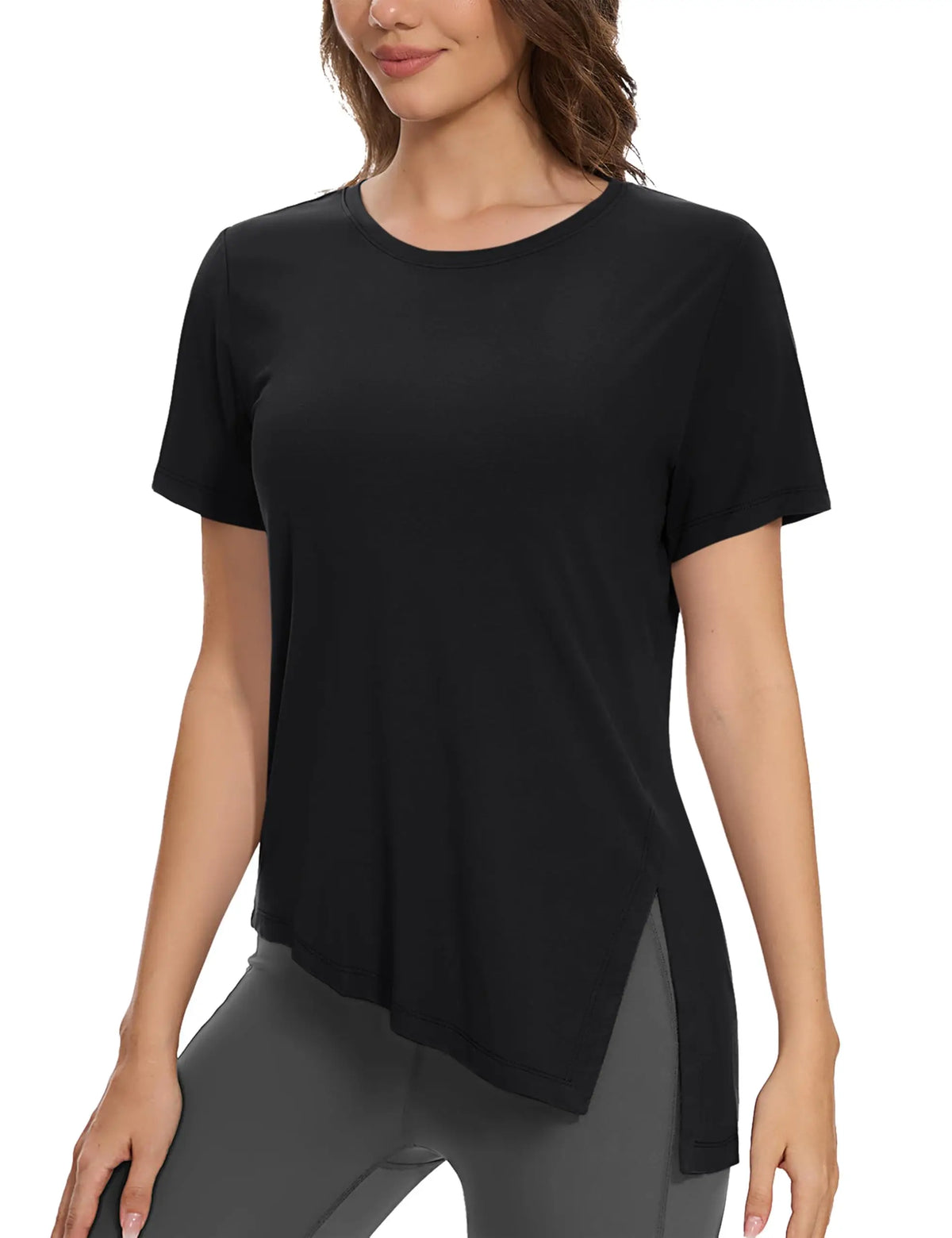 TACVASEN Womens Yoga T-shirt Quick Dry Casual Crewneck Workout Shirts Breathable Gym Athletic Tee Top Side Slit Slanted Hemline