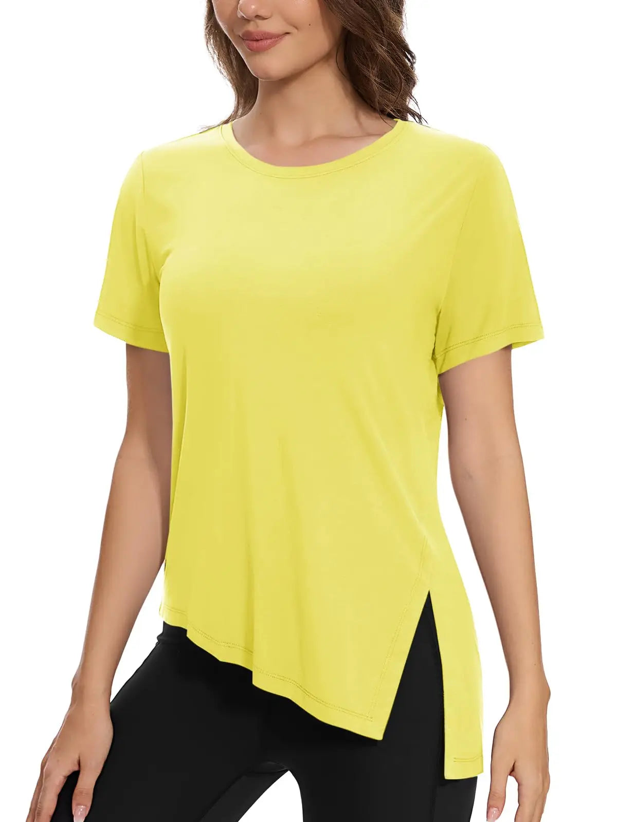 TACVASEN Womens Yoga T-shirt Quick Dry Casual Crewneck Workout Shirts Breathable Gym Athletic Tee Top Side Slit Slanted Hemline