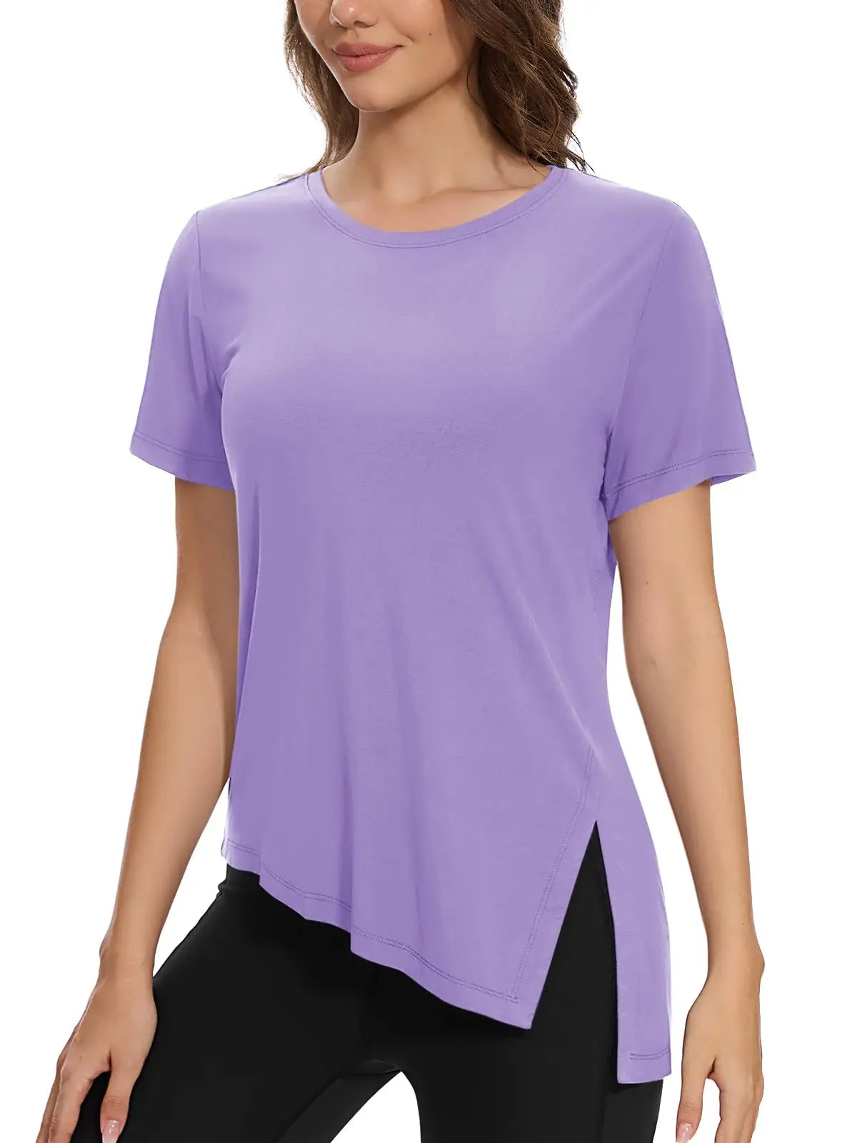 TACVASEN Womens Yoga T-shirt Quick Dry Casual Crewneck Workout Shirts Breathable Gym Athletic Tee Top Side Slit Slanted Hemline