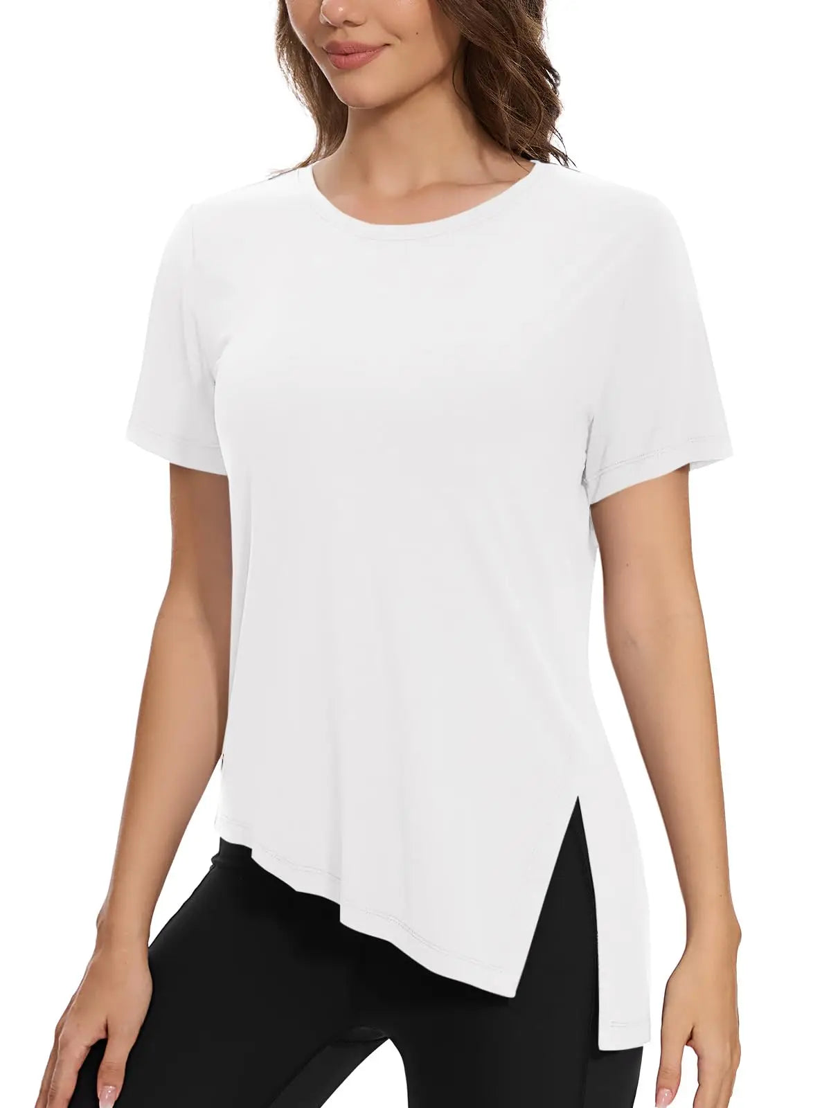 TACVASEN Womens Yoga T-shirt Quick Dry Casual Crewneck Workout Shirts Breathable Gym Athletic Tee Top Side Slit Slanted Hemline